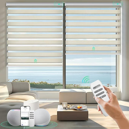HeyBlinds Motorized Zebra Blinds with Remote, Smart Cordless Electric Zebra Shades for Indoor Windows Compatible with Alexa Google & Homekit, Custom Size (Flourish-Beige BO)