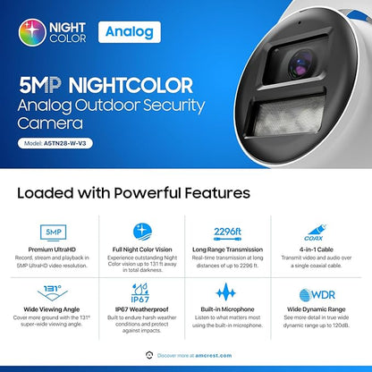 Amcrest Analog 5MP NightColor Outdoor Security Camera, Turret 5MP @ 25fps, CCTV-Coax-BNC, 131ft Full Color Night Vision, Mic, 132° FOV (Not an IP Camera) (DVR Required, Not Included) (AT5N28-W-V3)