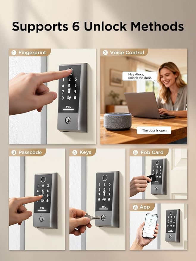 TCL Smart Lock D2 Plus, Keyless Entry Fingerprint Door Lock, Touchscreen Keypad Deadbolt Lock, Built-in Doorbell, Auto Lock, App Control, Alexa, Google Home Compatible, Easy Install for Front Door