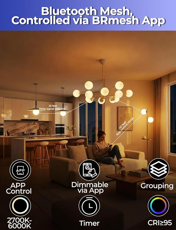 ILC G25 Globe Light Bulbs, App-Controlled LED Bulb with Bluetooth Mesh, 6W, 60W Equivatlent, 600LM, CCT: 2700K-6000K, CRI>95+, E26 Base, 120V for Vanity, Pendant fixtures, Bathroom (6 Pack)