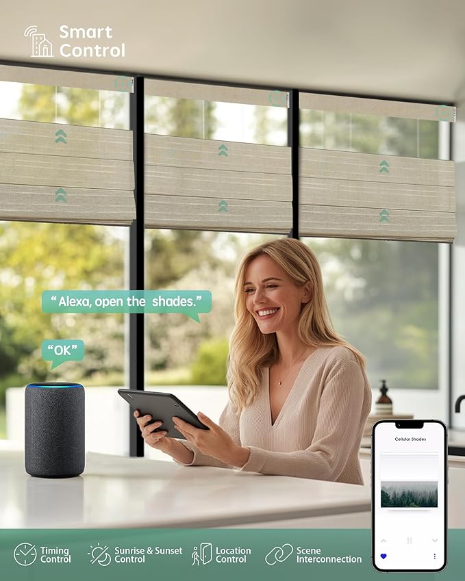 Yoolax Smart Top Down Bottom Up Roman Shades, Motorized Roman Shades with Remote, Light Filtering Smart Blinds Work with Alexa, Google Home, Apple Homekit for Living Room, Customized (Woven Dune)
