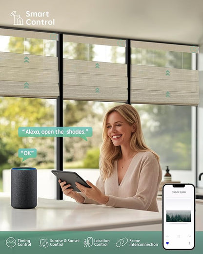 Yoolax Smart Top Down Bottom Up Roman Shades, Motorized Roman Shades with Remote, Light Filtering Smart Blinds Work with Alexa, Google Home, Apple Homekit for Living Room, Customized (Woven Dune)
