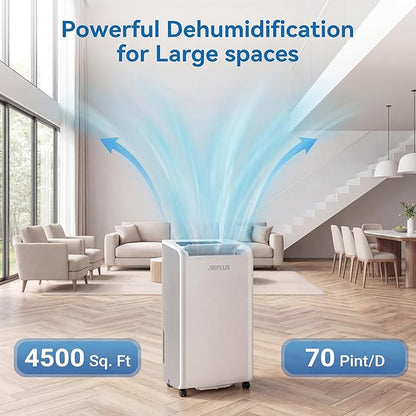 AIRPLUS 4,500 Sq.Ft 70 Pint Dehumidifier for Basements and Home-with Drain Hose,Efficient,Energy-with Dual Protection and 4 Smart Modes,24H Timer,Defrost,for Large room