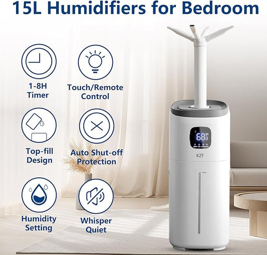 KZF 15L Humidifiers for Bedroom Large Room with a Spray Can - 2000 Sq.ft Coverage, 72Hrs Runtime, Top Fill, 26dB Quiet, 3 Mist Levels & Diffuser, Auto Shut-Off, Ready for Baby Nursery and Plants