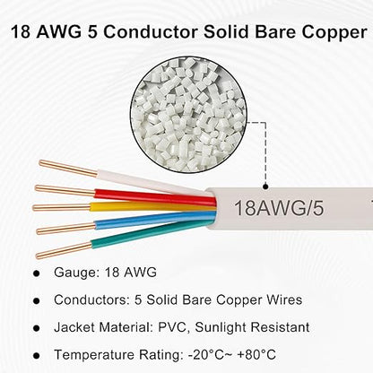 XRDS -RF 18AWG 5 Conductor Thermostat Wire 100FT, Solid Copper, 18 Gauge 5 Wire for Thermostat, HVAC, Heating and Cooling, White Jacket (10FT / 20FT / 25FT / 30FT / 50FT / 75FT / 100FT)