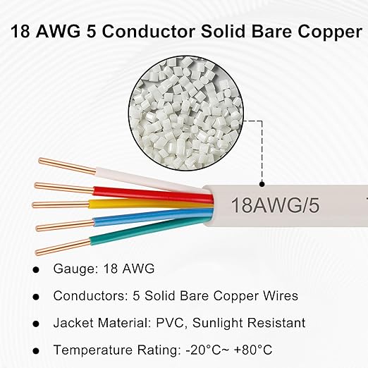 XRDS -RF 18AWG 5 Conductor Thermostat Wire 75FT, Solid Copper, 18 Gauge 5 Wire for Thermostat, HVAC, Heating and Cooling, White Jacket (10FT / 20FT / 25FT / 30FT / 50FT / 75FT / 100FT)