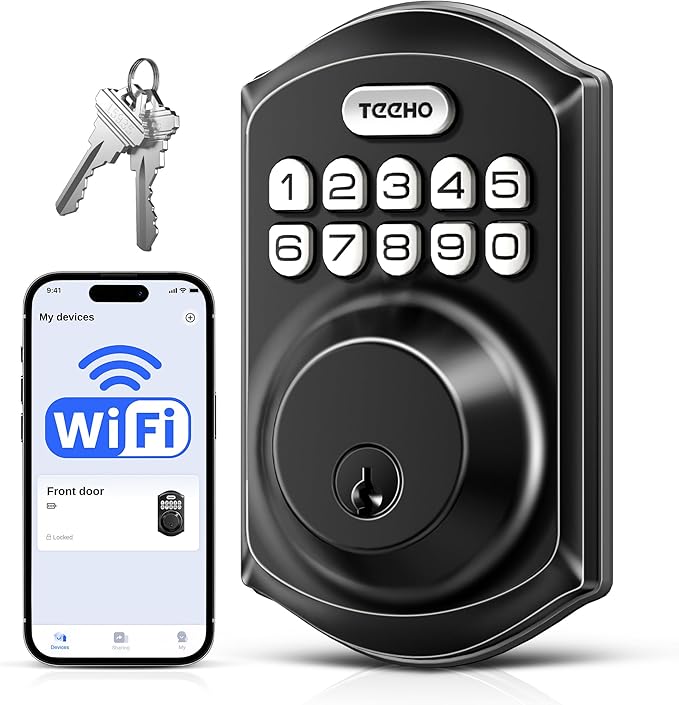 TEEHO TE011W Wi-Fi Keyless Entry Door Lock with Keypad - Smart Deadbolt Lock for Front Door with 2 Keys - Remote Control, Works with Alexa & Google, APP Unlock - Easy Installation - Matte Black
