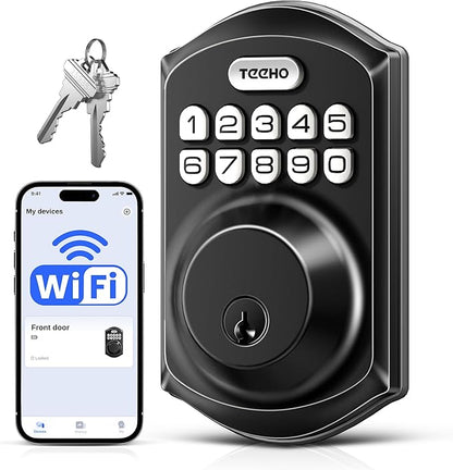 TEEHO TE011W Wi-Fi Keyless Entry Door Lock with Keypad - Smart Deadbolt Lock for Front Door with 2 Keys - Remote Control, Works with Alexa & Google, APP Unlock - Easy Installation - Matte Black