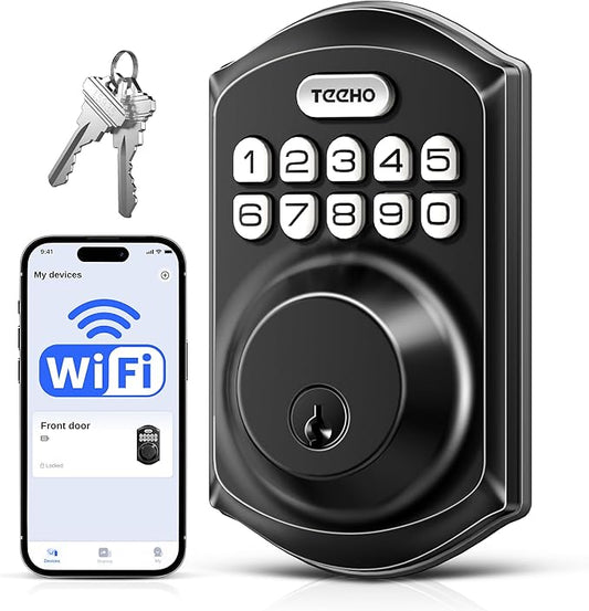 TEEHO TE011W Wi-Fi Keyless Entry Door Lock with Keypad - Smart Deadbolt Lock for Front Door with 2 Keys - Remote Control, Works with Alexa & Google, APP Unlock - Easy Installation - Matte Black