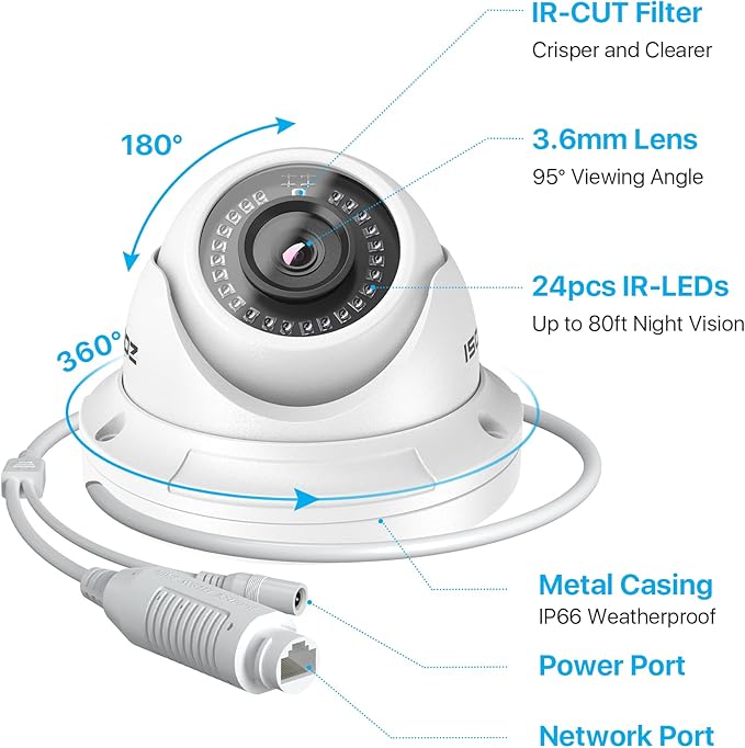 ZOSI 4 Pack 5MP Add-on PoE Security Cameras with Etherent Cables, Outdoor Indoor Home Dome Camera with Night Vision, IP66 Weatherproof, Only Compatible 4K/5MP NVR(Model:ZR08HN,ZR16HK,ZR16HB)