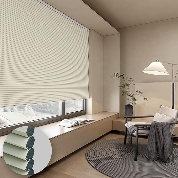 Cellular Shades Blackout Honeycomb Blinds for Indoor Windows, Cordless Cellular Shades 1.5 inch Cell Pleated for Bedroom Home Office, Custom Size, Blackout Light Beige