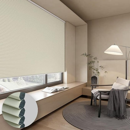 Cellular Shades Blackout Honeycomb Blinds for Indoor Windows, Cordless Cellular Shades 1.5 inch Cell Pleated for Bedroom Home Office, Custom Size, Blackout Light Beige