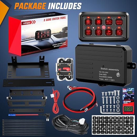 Nilight 8 Gang Switch Panel Relay System Automatic Dimmable | Universal Circuit Control Fuse Wiring Harness ON Off Red Backlit LED Pod for 12V Cars Trucks Boats Campers SUV