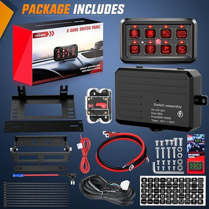 Nilight 8 Gang Switch Panel Relay System Automatic Dimmable | Universal Circuit Control Fuse Wiring Harness ON Off Red Backlit LED Pod for 12V Cars Trucks Boats Campers SUV