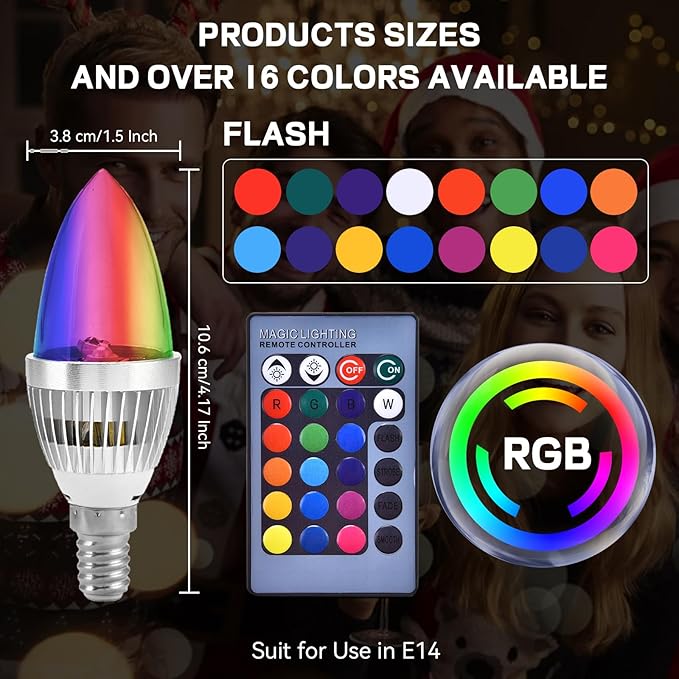 Pilipane E14 Color Changing Light Bulb, 3W RGBW Bulb Candle Base with LED Bulbs, Smart Light Bulbs for Home, Party, Christmas for Mood Lighting