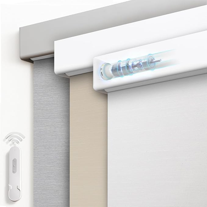 Motorized Blinds with Remote, Blackout Rechargeable Automatic Roller Shades, Cordless Smart Blinds Compatible with Alexa, Custom Blind for Indoor Windows, Summer-Haze White