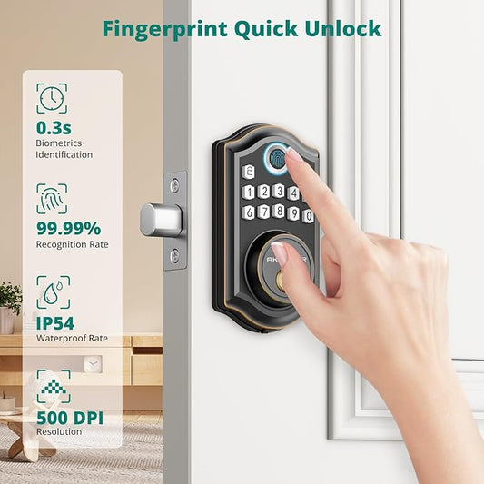 AkaGear Keyless Entry Door Lock with Fingerprint - Door Locks with 2 Keys, Electronic Keypad Deadbolt, Smart Door Locks, Smart Locks for Front Door, Auto-Lock & One Touch Locking - Oil Rubbed Bronze