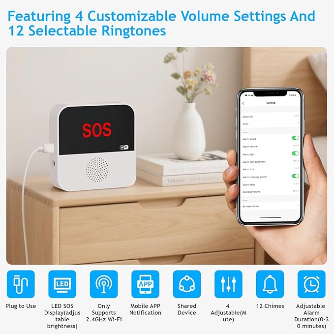 SanJie Wi-Fi Wireless Caregiver Pager Call Button for Elderly at Home - Alert Systems with App Remote Alerts & Device Sharing Suitable for Seniors & Patients and People with Disabilities
