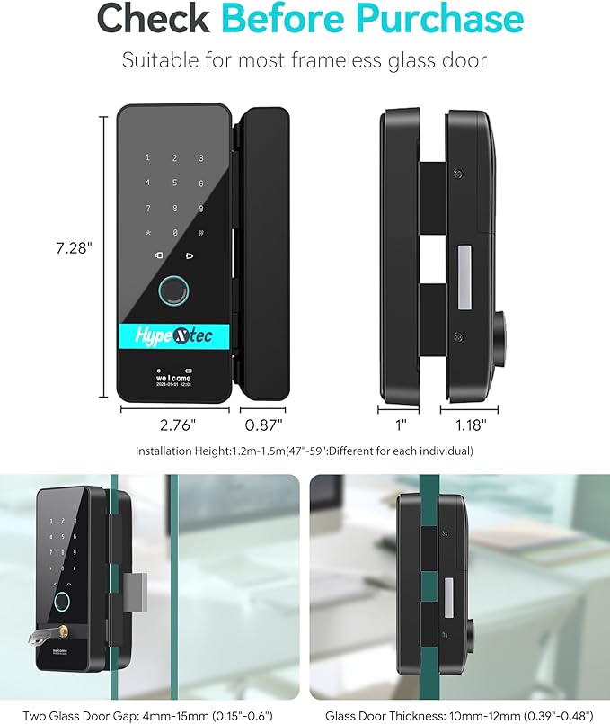 Upgrade Smart Glass Door Locks for Frameless Glass Doors–Keyless Entry Deadbolts with WiFi App Control,Fingerprint,IC Card,Voice Menu and No-Drill Installation,Office Home Business