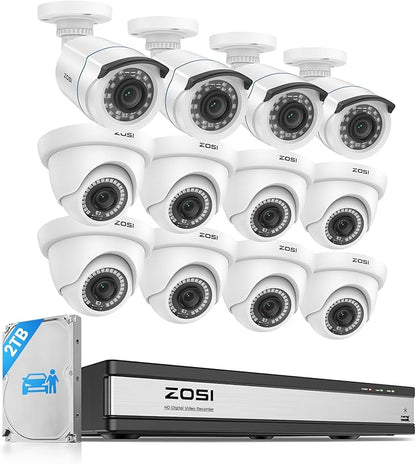 ZOSI H.265+ 1080p 16 Channel Security Camera System, 16CH DVR with AI Human Vehicle Detect, 12 x 2MP Weatherproof Surveillance CCTV Bullet Dome Camera Outdoor, Night Vision, Remote Access, 2TB HDD