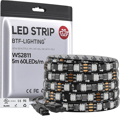 BTF-LIGHTING WS2811 Addressable RGB LED Strip 16.4FT 300LED DC12V IP65 | 100Pixels IC=RGB+IC UL Listed Black PCB Flexible Chasing Effect for Indoor Home Decor,3M Tape(No Adapter or Controller)