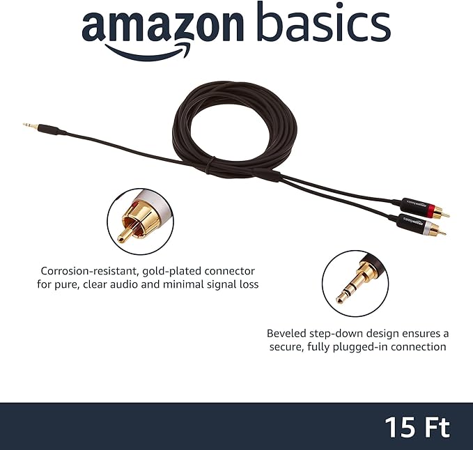 Amazon Basics 3.5mm Aux to 2 RCA Audio Cable for Amplifiers, Active Speakers, Smartphones, Tablet with Gold-Plated Plugs, Stereo Audio, 15 Feet/4.6 m, Black