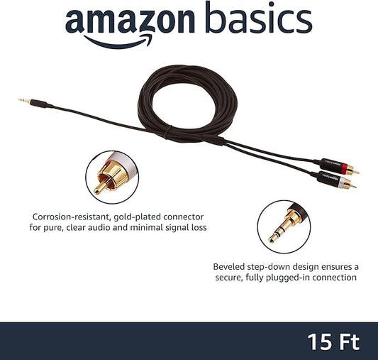 Amazon Basics 3.5mm Aux to 2 RCA Audio Cable for Amplifiers, Active Speakers, Smartphones, Tablet with Gold-Plated Plugs, Stereo Audio, 15 Feet/4.6 m, Black
