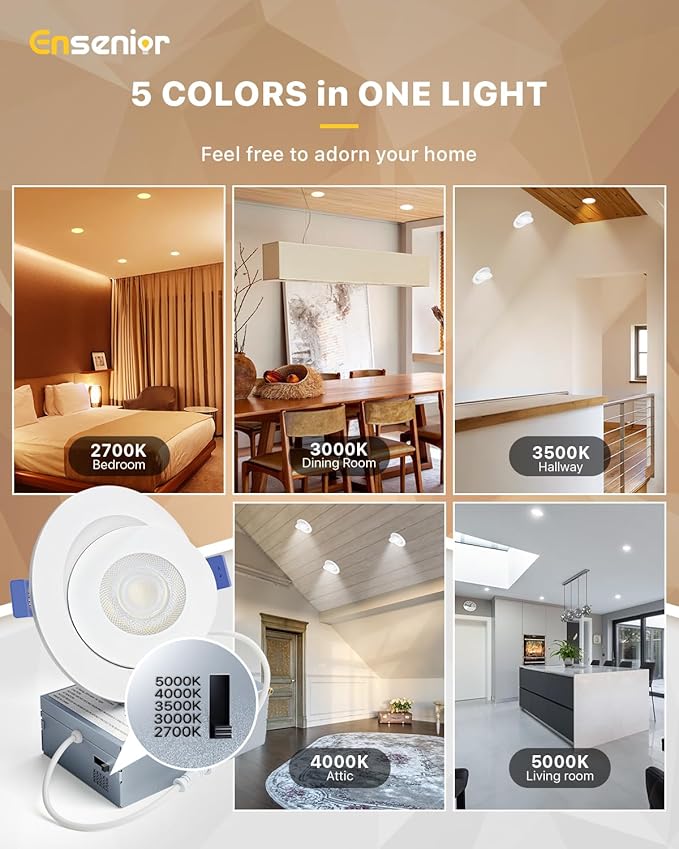 Ensenior 6 Pack 4 inch Gimbal Led Recessed Light with Junction Box, 90° Adjustable Directional Eyeball Lighting, Dimmable, 2700K/3000K/3500K/4000K/5000K, 900LM, 9W=85W-ETL&FCC Certified