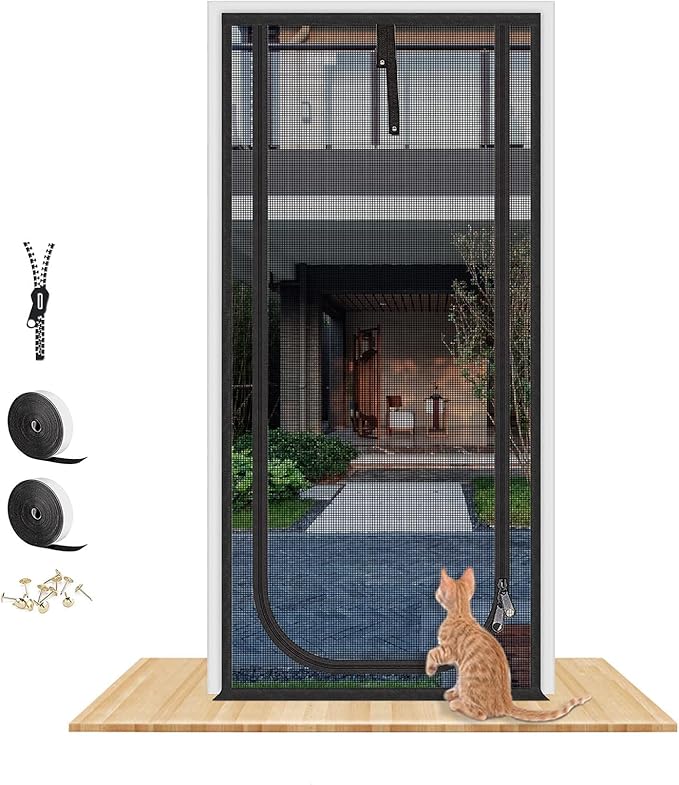 Upgraded Pet Screen Door,Fits Door Opening Size 34''x 83'',Thickened Cat Resistant Mesh Screen Door for Living Room,Kitchen,Bedroom,Cat Proof Screen with Zipper Closure.(U-Type,Black)