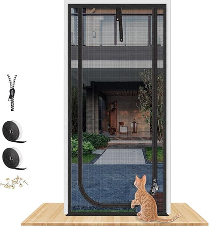 Upgraded Pet Screen Door,Fits Door Opening Size 34''x 83'',Thickened Cat Resistant Mesh Screen Door for Living Room,Kitchen,Bedroom,Cat Proof Screen with Zipper Closure.(U-Type,Black)