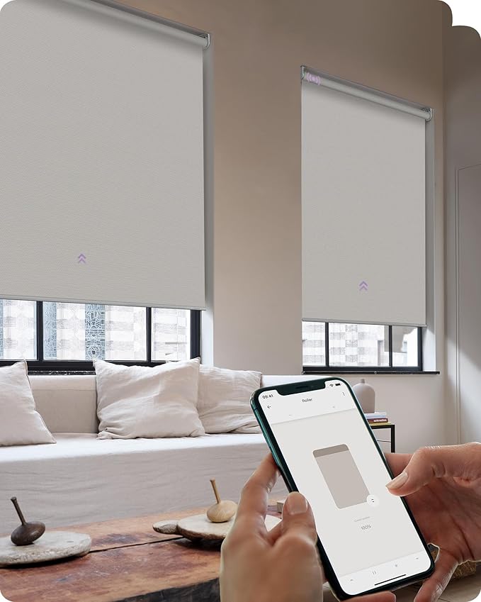 Graywind Smart Roller Shades 100% Blackout Window Blinds with APP Control Customized Automatic Shades for Home and Office(42" Wx72 H,White)