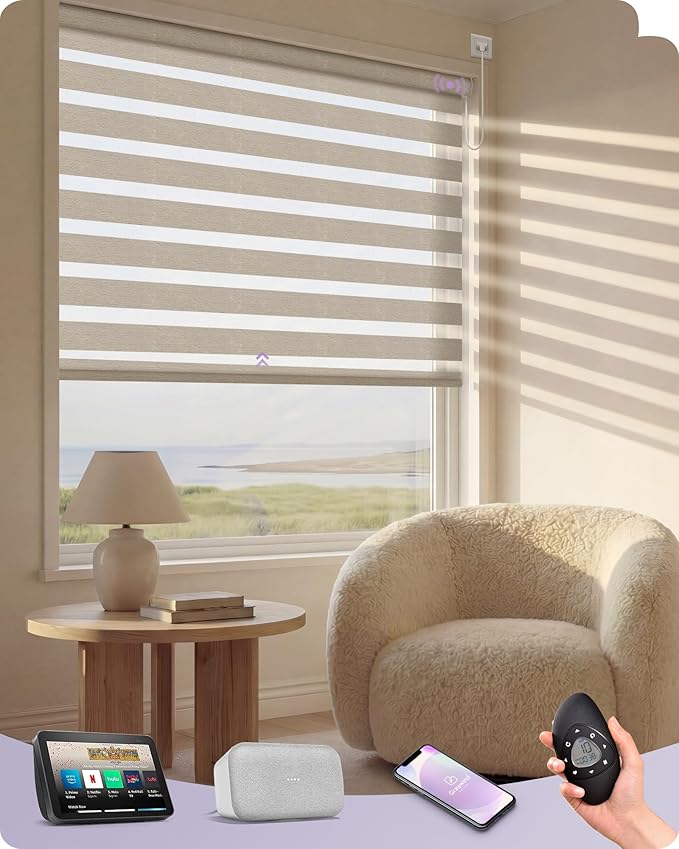 Graywind Motorized Blinds with Remote, Smart Zebra Shades for Windows, Hardwired Roller Blinds Compatible with Alexa, Apple Homekit, Google Home, Custom Size, Classic - Coffee