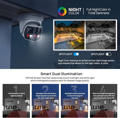 VIKYLIN 4K 8MP Dual Lens Poe IP Security Camera Outdoor with 180° Panoramic Wide Angle, Full Color/EXIR2.0 Night Vision,Human/Vehicle Detection,2-Way Talk, Micro SD(512G),IP67,Blue Iris,NDAA Compliant