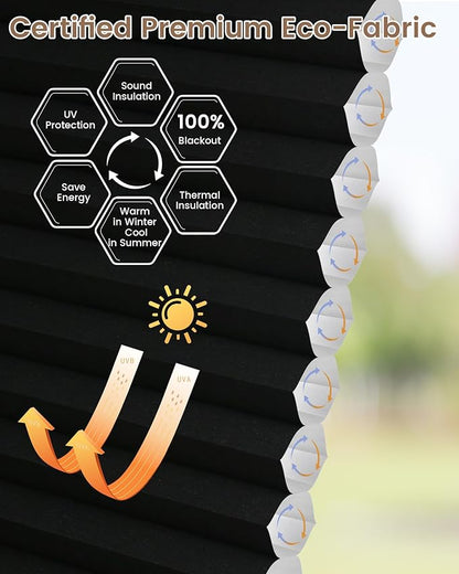 Kincmo Motorized Cellular Shades, Custom Motorized Blinds with Remote, Cordless Smart Electric Honeycomb Blinds Work with Apple HomeKit, Alexa, Google (100%-Blackout-Single-Cell Black)