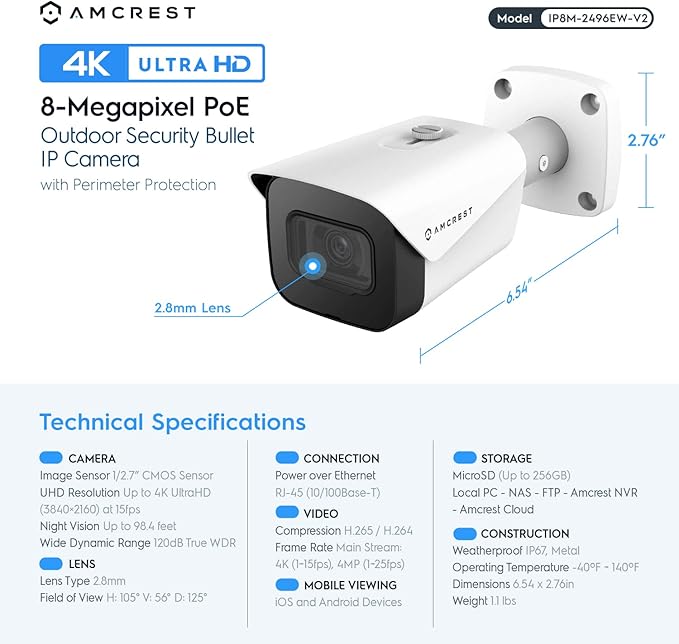 Amcrest 4K Security Camera System w/ 4K (8MP) 8CH PoE NVR, (4) x 8-Megapixel IP67 Weatherproof Metal Bullet POE IP Cameras, Pre-Installed 2TB Hard Drive, NV4108E-IP8M-2496EW4-2TB (White)