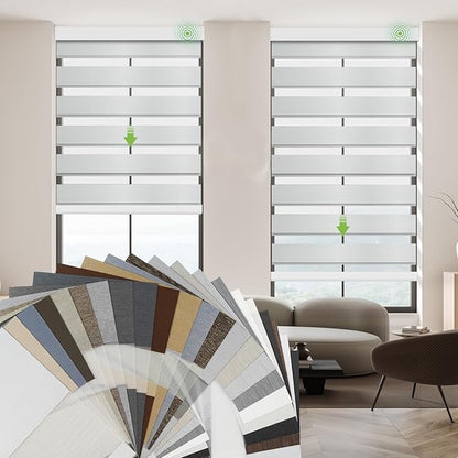 Motorized Zebra Blinds with Remote, Work with HomeKit Alexa Horizontal Automatic Electric Window Shades 90% Blackout Light Filtering for Smart Home and Office, Customized Size Fabric