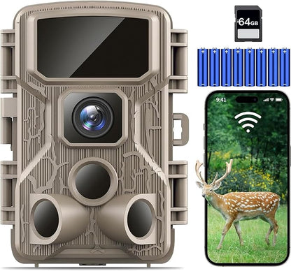 Punvoe Trail Camera WiFi 4K 64MP with 64GB Memory Card 8 Batteries and Night Vision Ip67 Waterproof 130°Wide Angle 0.1s Trigger Speed, Suitable for Outdoor Wildlife Detection, Monitoring Game Cam