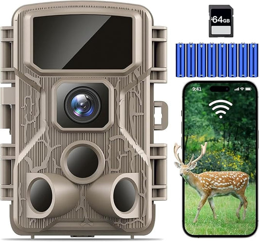 Punvoe Trail Camera WiFi 4K 64MP with 64GB Memory Card 8 Batteries and Night Vision Ip67 Waterproof 130°Wide Angle 0.1s Trigger Speed, Suitable for Outdoor Wildlife Detection, Monitoring Game Cam