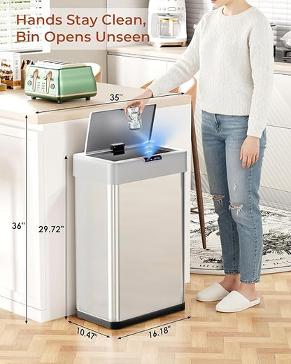 TLSUNNY 18.5 Gallon Motion Sensor Trash Can,Touchless Automatic Garbage Can,Brushed Stainless Steel Smart Bin,with Bag Holder,Soft Close Lid,for Kitchen,Office,RV,Bedroom,Living Room (Silver, 70L)