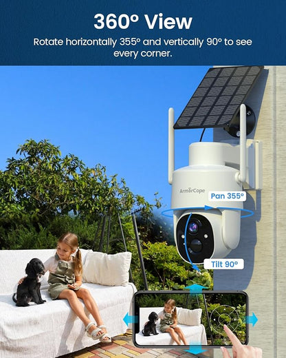Armorcope Solar Security Cameras Wireless Outdoor,360° View Battery Powered with Spotlight Color Night Vision,2K WiFi Home Security,PIR Sensor,Wireless Easy Install, 2.4 GHz Wi-Fi