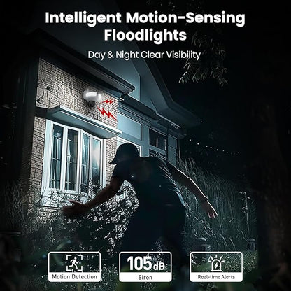 aosu Floodlight Camera Wired, 3K UHD Security Camera Outdoor, 360° Coverage Surveillance, 24/7 Recording, Motion Detection, 2600-Lumen Motion-Activated Floodlight, Color Night Vision