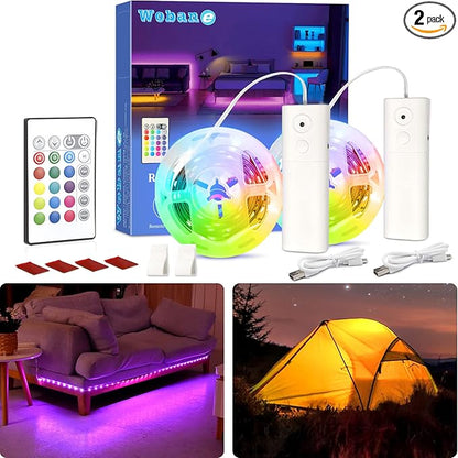 WOBANE 2PCS Rechargeable LED Strip Lights,Dimmable RGB Rope Lighting with Remote,Battery Operated Color Changing Light for Party,Shelf,Sofa,Desk,Game,Holiday,Indoor Decoration,2000mAH