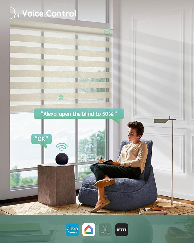 Yoolax Motorized Zebra Blinds Compatible with Alexa, Motorized Blinds with Remote Custom Size, Privacy Electric Blinds Zebra Blinds for Windows (Beige)