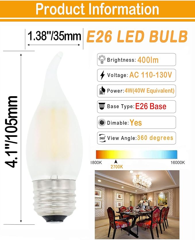LED Candelabra Bulb 4W Dimmable 40W Equivalent,Frosted Glass Flame Tip Shape,E26 Base 2700K Warm White Decorative Chandelier Light Bulbs,3-Pack