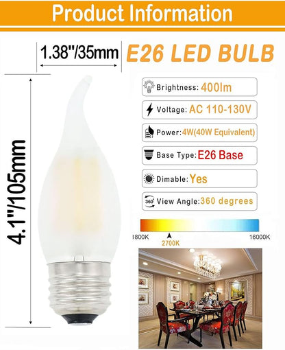 Chandelier LED Light Bulbs 40W Equivalent E26 Base,Dimmable 4W 2700K Warm White,B11 E26 Candelabra Bulb Frosted Flame Bent Tip Shape,6 Pack