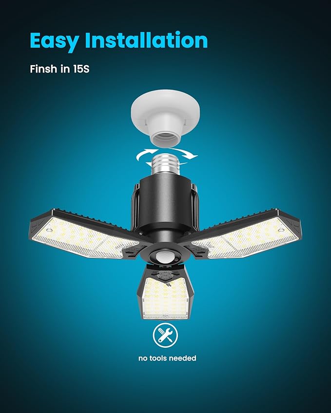 Motion Sensor Garage Light 80W 8000LM, Deformable LED Shop Light with Remote Control and 360° Detection, Motion Activated Light Bulb Indoor for Basement, Attic (1 Pack)