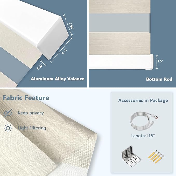 Motorized Zebra Blinds for Windows Cordless Electric Curtains with Remote Control Blackout Shades Custom Smart Blinds Compatible with Alexa Google Home(Light Filtering Beige,W25 X 72in)