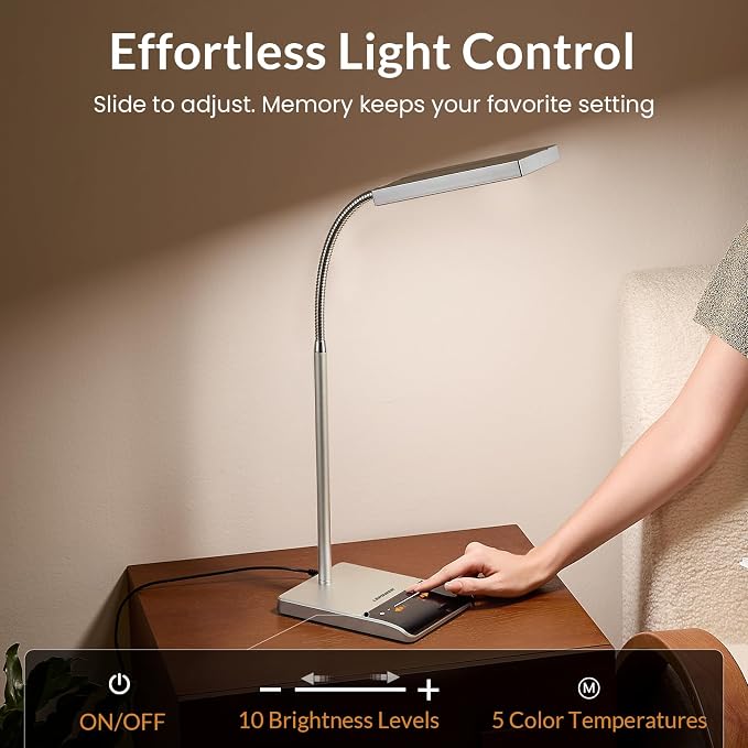 LEPOWER Desk Lamp, 800LM LED for Home Office, True Eye-Caring for Reading | 50 Lighting Modes, 2X Wider Panel, 360° Flexible Gooseneck, Touch Control, 12W Bright Table Lamp for Dorm, Bedroom, Study