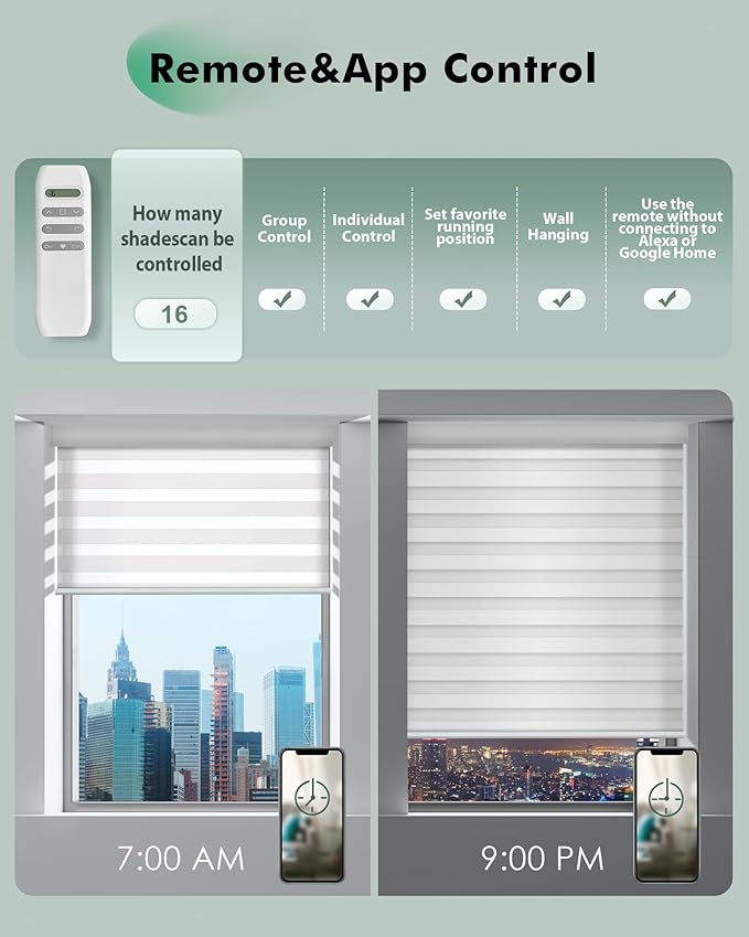 Yoolax Motorized Zebra Blinds, Remote Zebra Shades for Indoor Windows, Motorized Shades with Remote Light Control Horizontal Window Blinds Custom Size(80% Shading White)