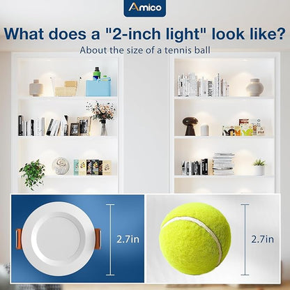 Amico 12 Pack 2 Inch 5CCT Ultra-Thin LED Canless Recessed Ceiling Light with Junction Box, 2700K/3000K/3500K/4000K/5000K Selectable, CRI90+, 6W=40W, 350LM, Dimmable Canless Wafer Downlight-ETL&FCC